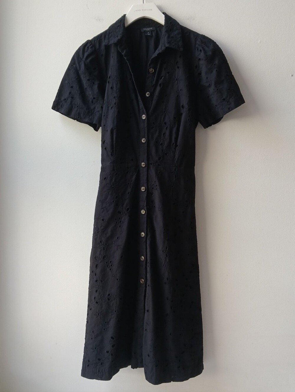 Ann Taylor Eyelet Cotton Shirt Dress Black Women's 0 Petite